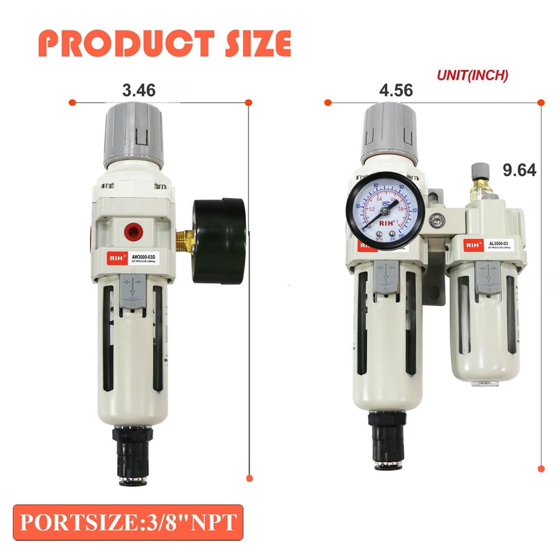 RIH Store Pneumatics Compressed Air Filter Regulator Lubricator Combo Water/Oil Trap Separator - Gauge(0-150 psi), Semi-Auto Drain, Poly Bowl,Bracket - 3 in 1 Two Unit (3/8“ NPT Auto Drain) - Image 2